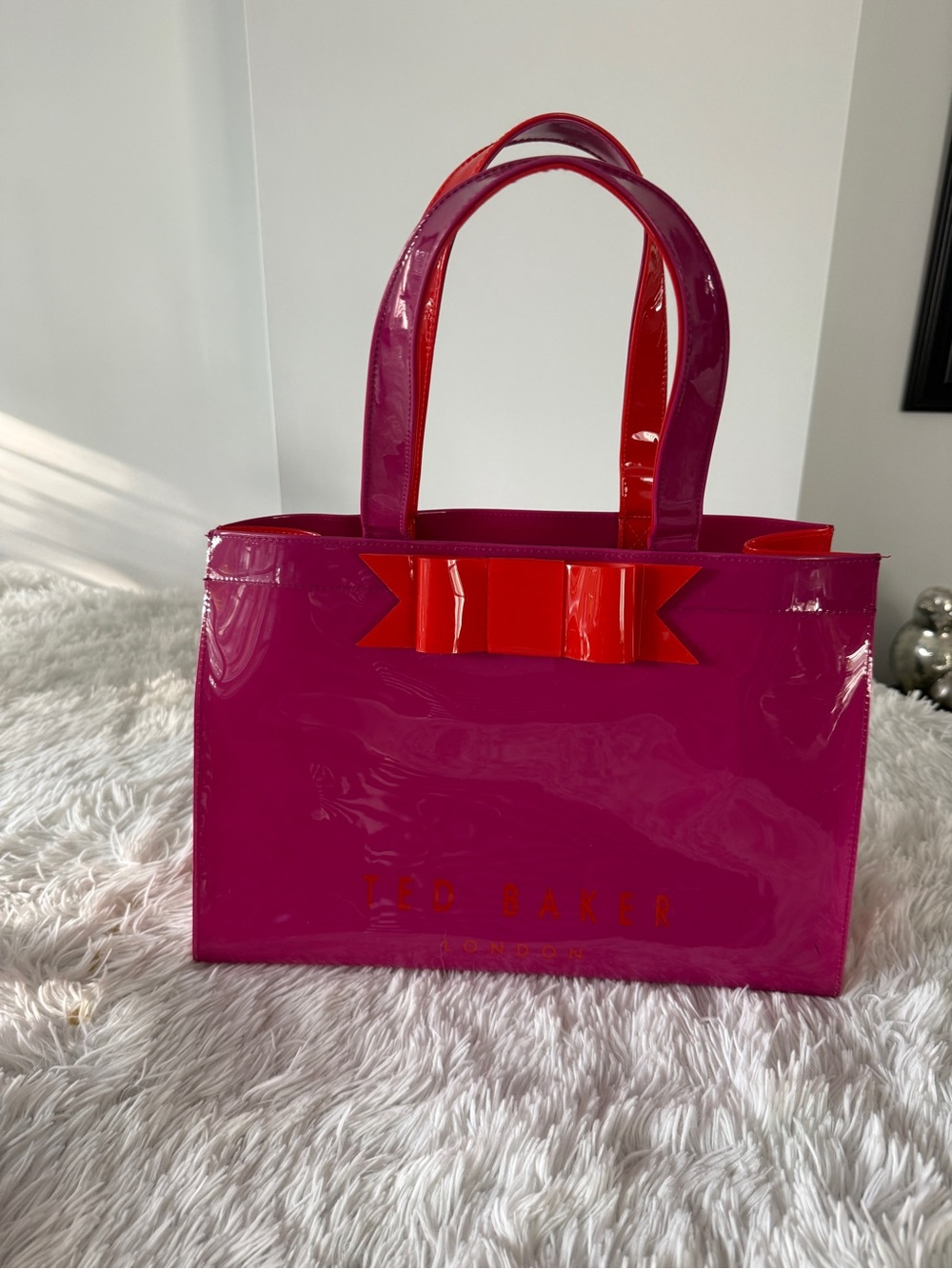 Ted Baker Hot Pink and Red Shiny Vinyl Tote with Bow Accent